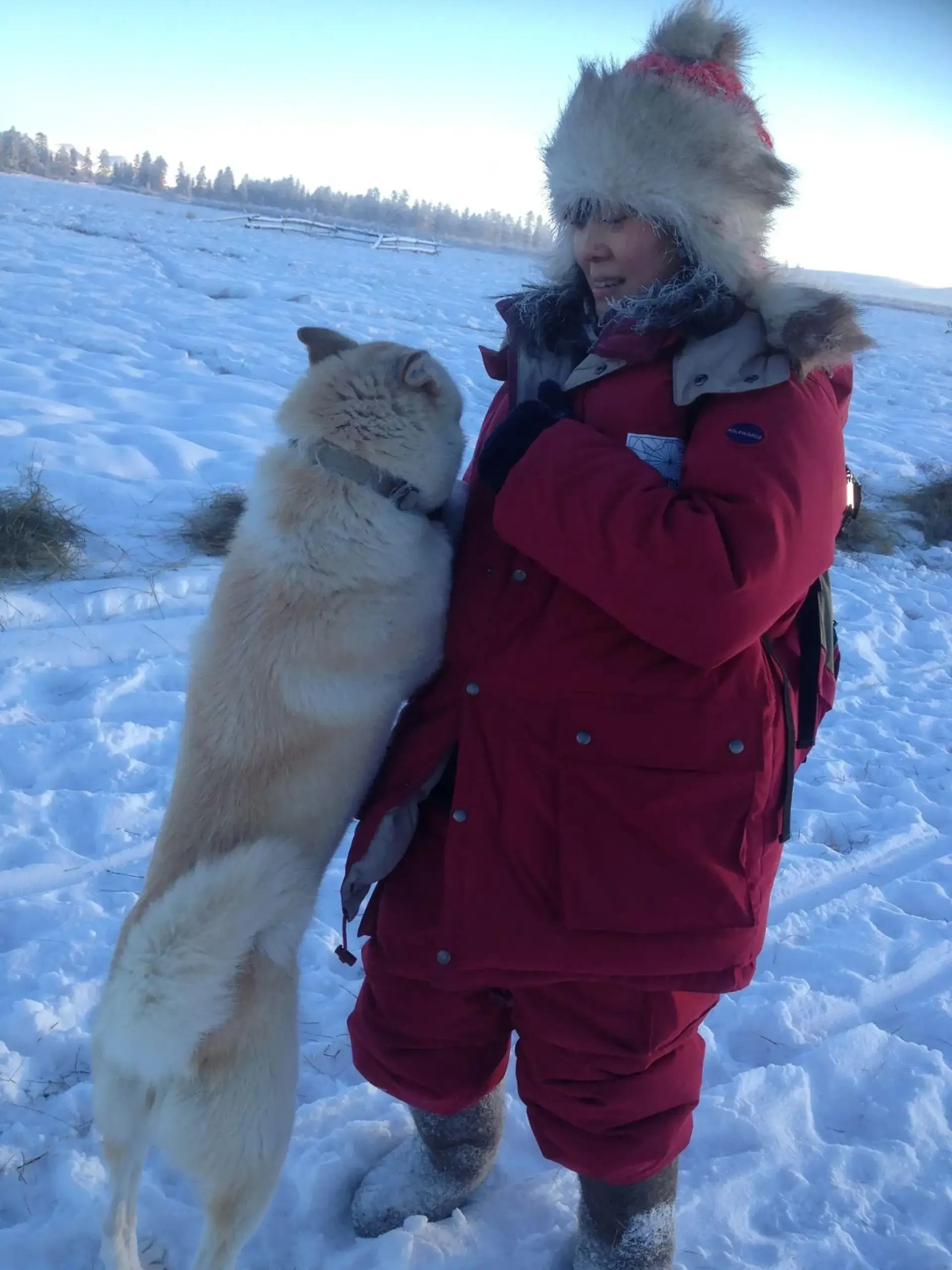 2014年、番組取材で訪れた「世界一寒い村」のロケ中、犬と戯れる西崎さん。「作業の際に手袋を外したときに、一瞬指の色が戻らなくなり、焦りました。凍傷になったかと思いました」（写真提供：西崎さん）