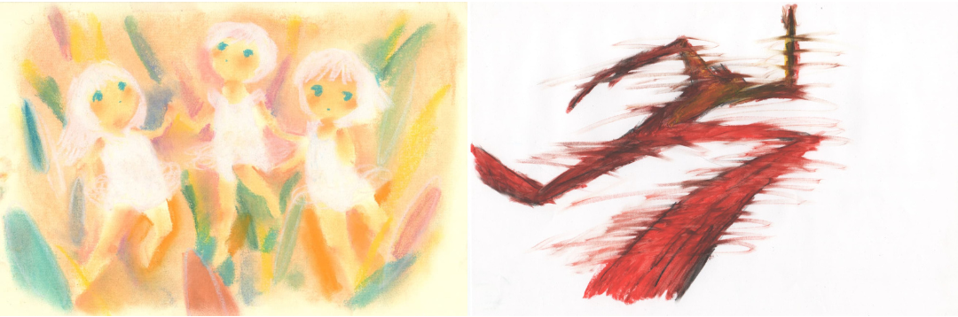 卒業制作のイメージボード。米谷さんは紙にパステルで作画（画像左）。久保さんは紙にオイルパステルとクレヨンで作画した（画像提供：久保さん、米谷さん）